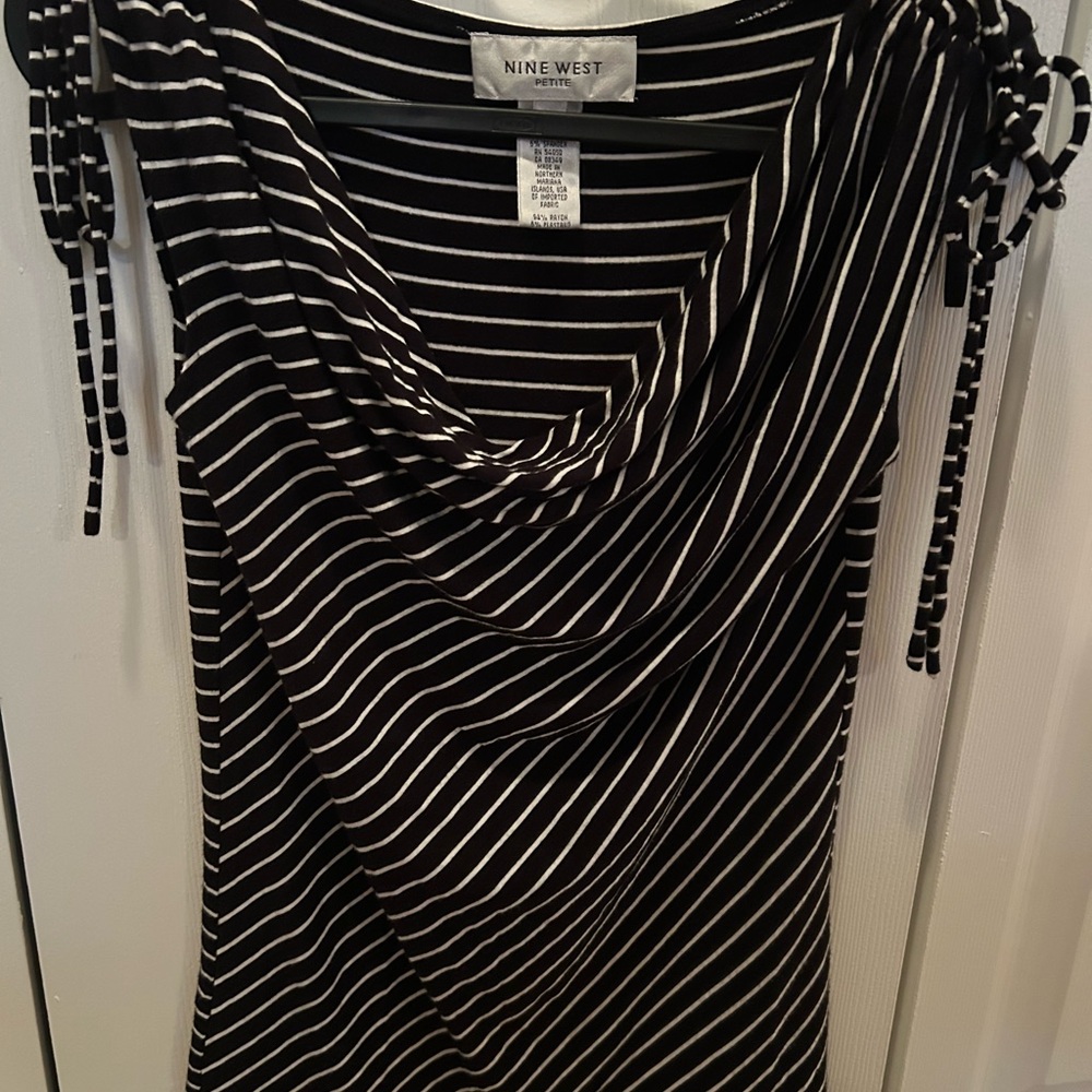 Nine West Black and White Striped Sleeveless Shirt with Tie Shoulders